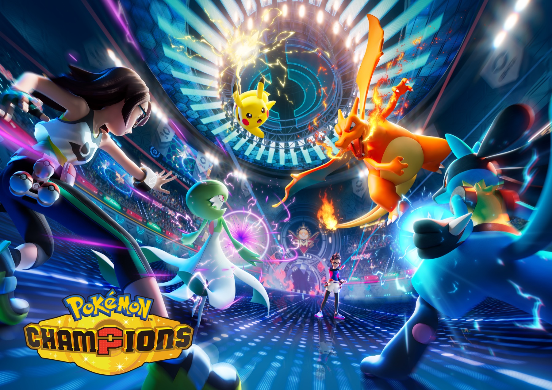 Official Pokemon Champions key art showing trainers and Pokemon battling inside a stadium.